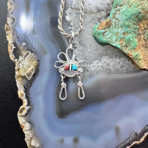 Ola Eriacho Zuni Sterling Silver Multistone Inlay Sunburst Pendant For Women - Picture 2 of 10